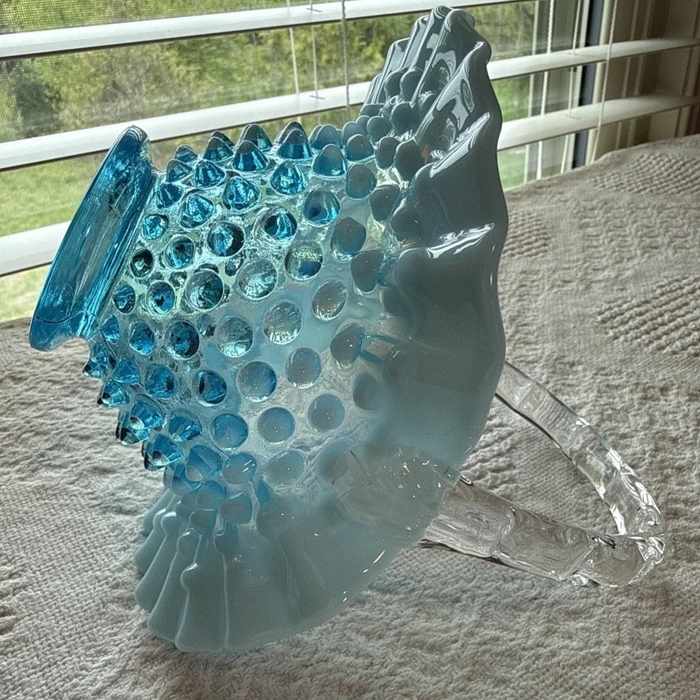 Fenton Blue Opalescent Hobnail‎ Small Basket Ruffled Glass with Handle Vintage